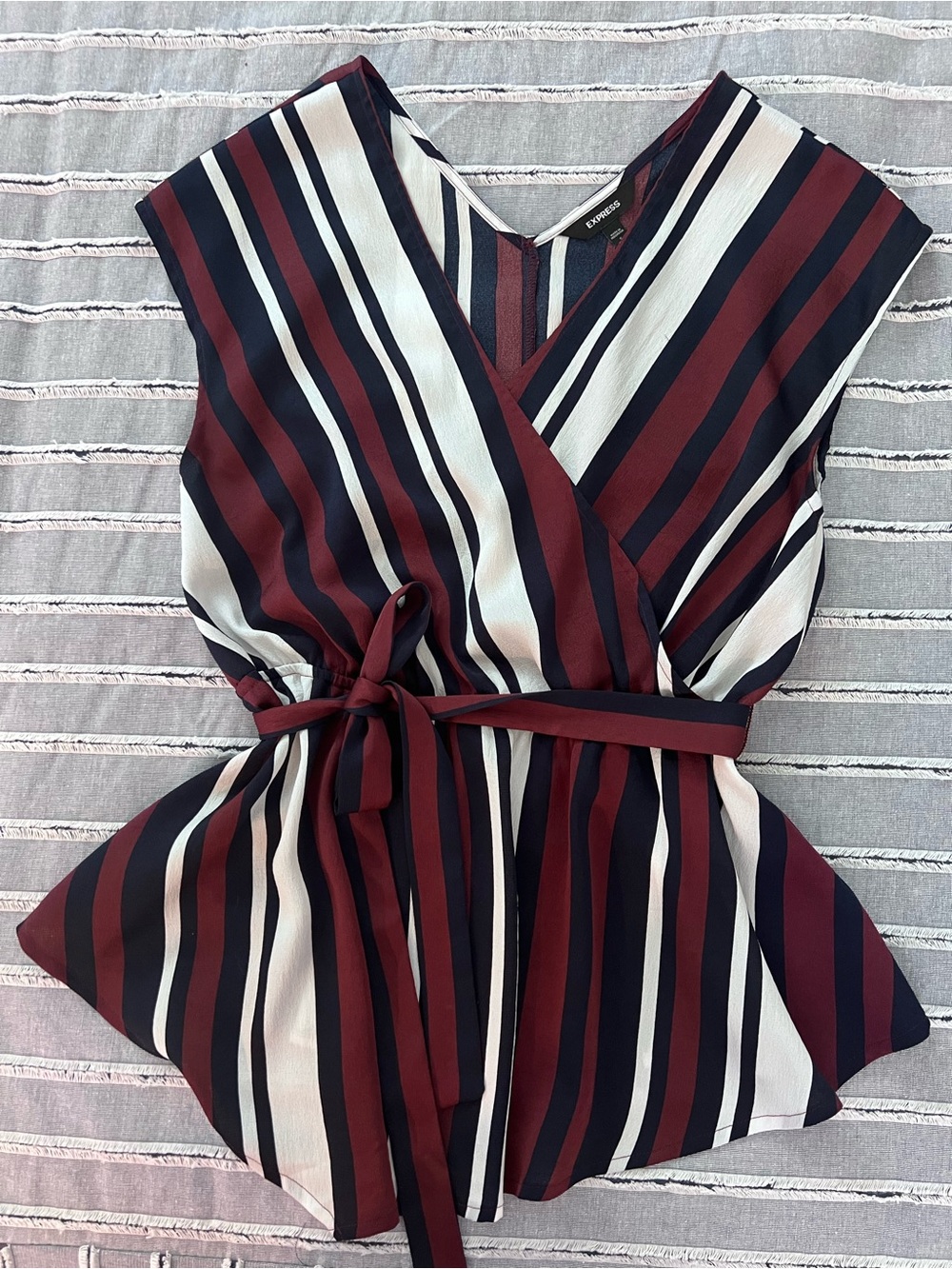 Express Sleeveless Tie-Waist Striped Wrap Top in Burgundy, Navy & Cream